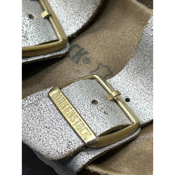 Birkenstock Arizona Womens Leather Sandals EU38 US7 Silver Metallic Double Strap - Picture 3 of 8